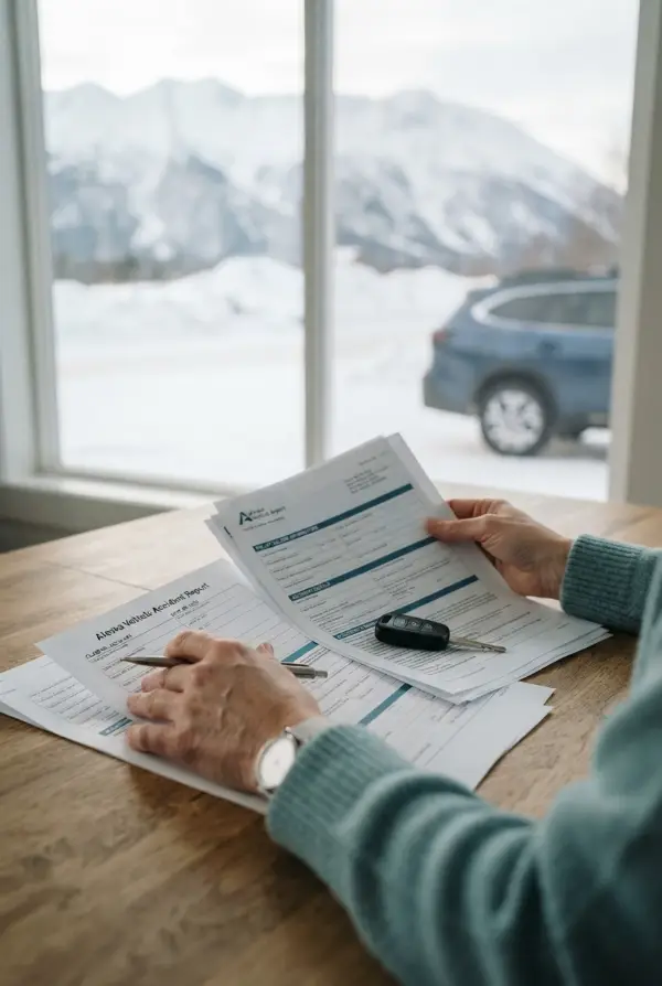 Person reviewing insurance paperwork at a table by a snowy window