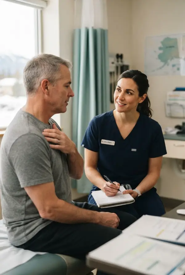 Patient talking with a clinician during an examination