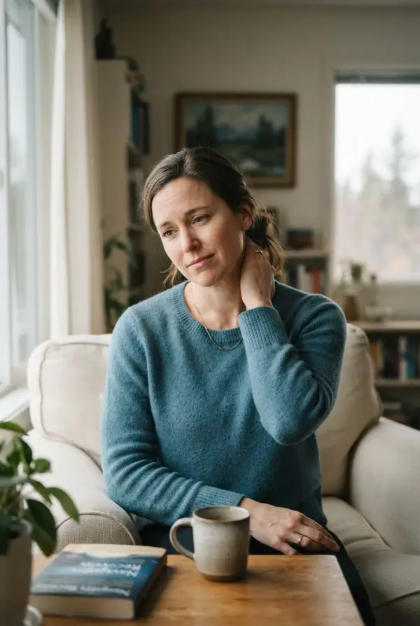 Woman at home holding her sore neck