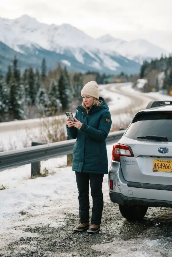 Woman on the phone beside her car on a snowy roadside