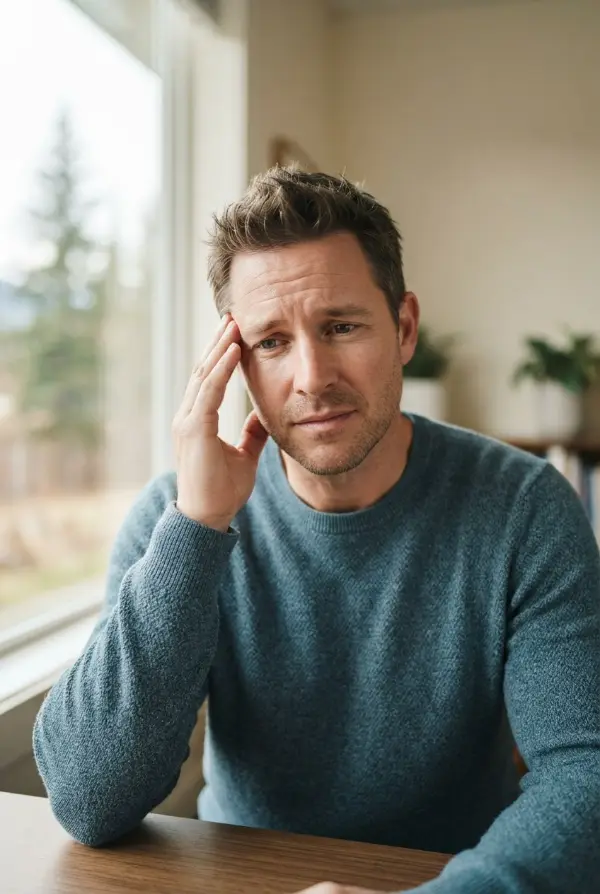 Man at a table holding his head with a headache