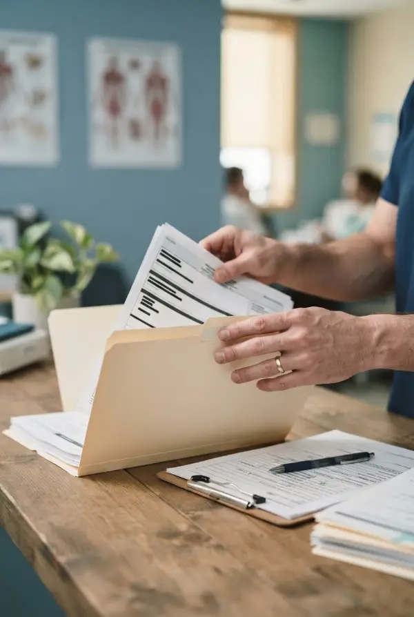 Hands sorting medical records in a folder at a clinic desk