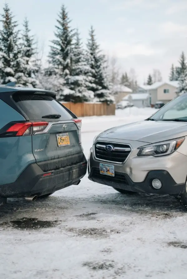 Two cars after a minor collision on a snowy road