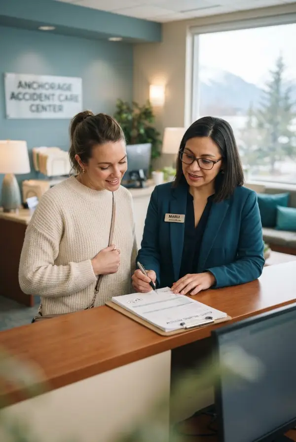 Patient going over paperwork with a front desk staff member