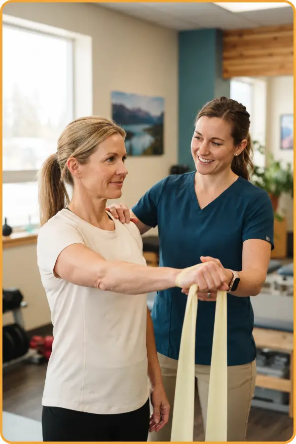 Clinician guiding a patient through a resistance band exercise