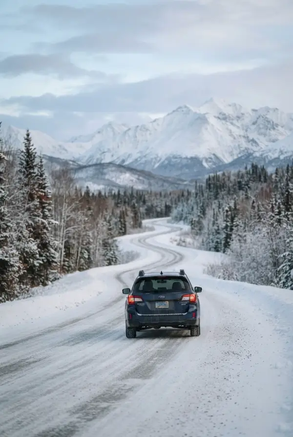 Car driving on a snow-covered road through the mountains