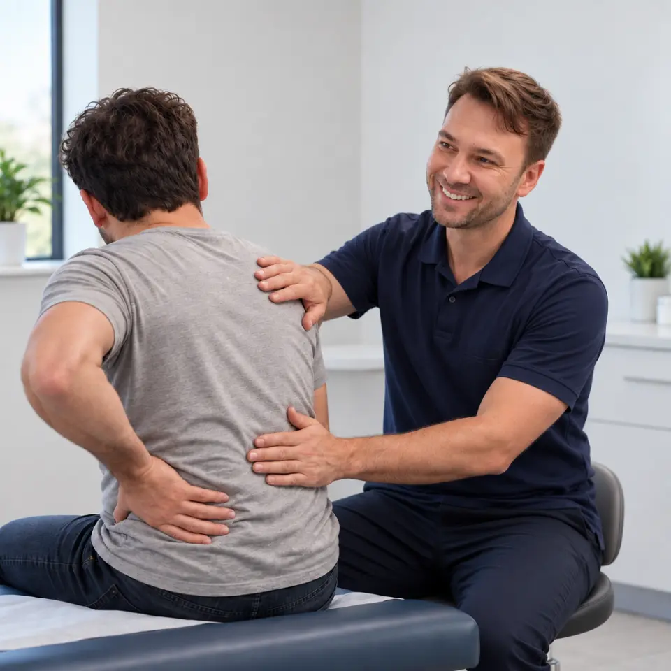 Chiropractor examining a patient's lower back during an injury evaluation