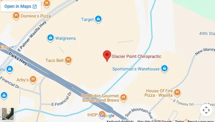 Map showing Glacier Point Chiropractic on E Parks Highway in Wasilla. Opens Google Maps in a new tab.