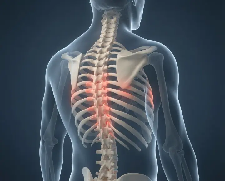 Illustration of the thoracic spine and ribs with the mid back highlighted