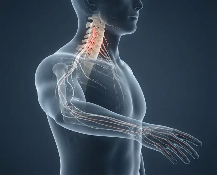 Illustration of the neck and arm with the nerve pathway highlighted