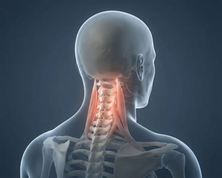 Illustration of the neck with the cervical spine highlighted
