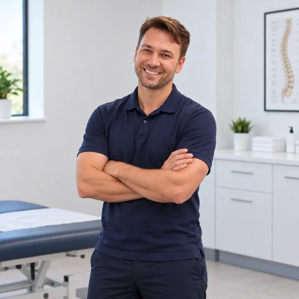 Dr. Joe Busa, DC, standing with arms crossed in a treatment room at Glacier Point Chiropractic
