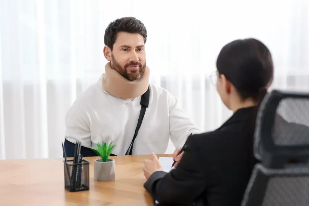 Man wearing a neck brace talking with a clinician at a desk