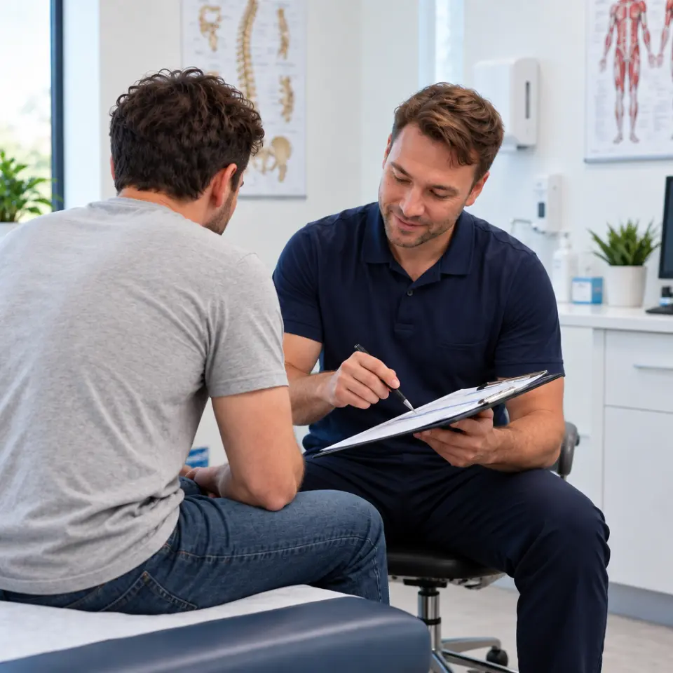 Chiropractor taking notes on a clipboard while talking with a patient in the clinic