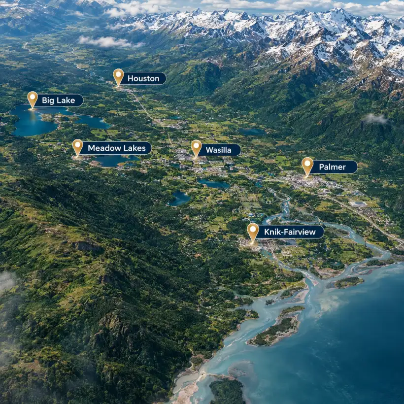 Aerial map of the Mat-Su Valley with pins marking Wasilla, Palmer, Knik-Fairview, Meadow Lakes, Houston, and Big Lake